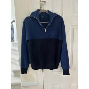 Armani Exchange Navy Black Knit & Fleece Johnny Collar Quarter Zip Sweater